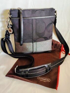 Coach Vintage 65th Anv Signature Stripe Canvas & Leather Swingpack in Black, EUC